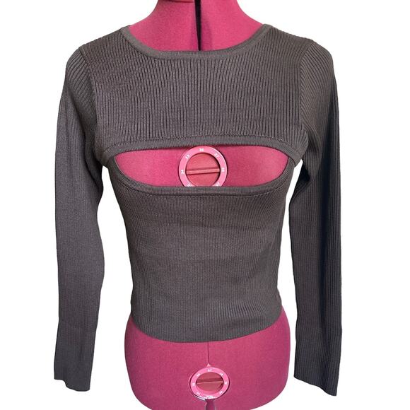 Lucca Women’s Size Medium Brown Chella Ribbed Sweater Peek A Boo Cutout Top - Picture 2 of 7